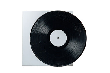 Obraz premium A black vinyl record with a white label sits atop a white card
