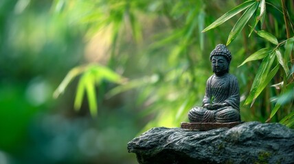 Obraz premium Serene buddha statue amidst lush bamboo grove. AI generated