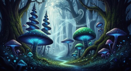 A mystical forest with glowing mushrooms and a mysterious trail.