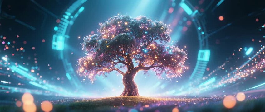 Abstract digital map of the world with glowing blue energy and stars in the dark sky - Powered by Adobe