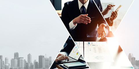 Collage of various business scenes. Wide angle visual for banners or advertisements.