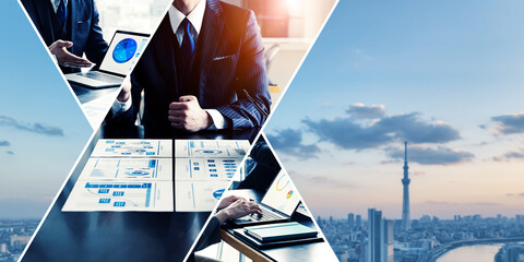 様々なビジネスシーンのコラージュ　バナー・広告向け横長ビジュアル