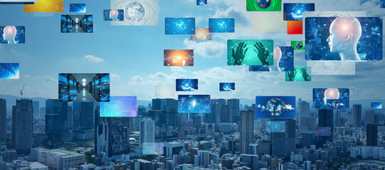 Concept image of modern city and digital technology. Wide angle visual for banners or advertisements.