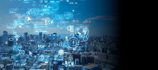 Concept image of modern city and digital technology. Wide angle visual for banners or advertisements.