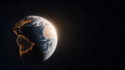 Fototapeta premium The image depicts a detailed view of planet Earth against a backdrop of stars, with city lights illuminating the continents and digital lines tracing the globe.