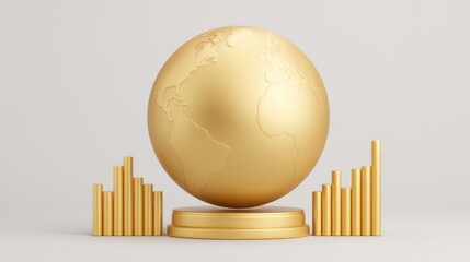 Golden globe world sphere with growth chart bars representing global economy, finance, and investment trends in a modern studio setting