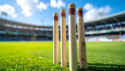 Cricket stumps and bails in focus, blurred stadium background