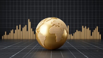 Golden Globe with World Map on Dark Background Representing Global Economy and Financial Growth Data Visualization and Analytics in Modern Technology