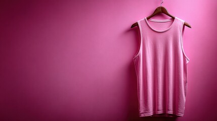 A simple pink tank top hanging on a wooden hanger against a soft pink wall background