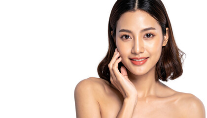 Beautiful Woman with Smooth Skin Touching Face and Smiling Softly