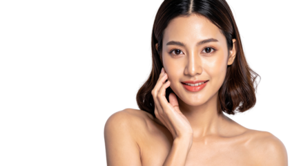 Beautiful Woman with Smooth Skin Touching Face and Smiling Softly