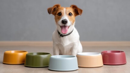 Happy dog smiling in front of colorful pet bowls on wooden floor, ready for meal time, indoor setting with gray background