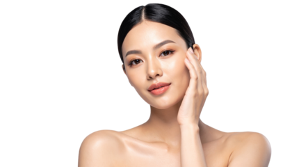 Elegant Woman Touching Face with Soft Smile on Isolated Background