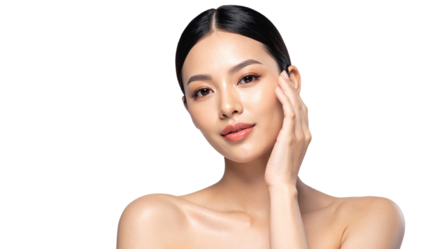 Elegant Woman Touching Face with Soft Smile on Isolated Background