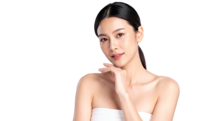 Elegant Woman with Soft Makeup Posing Gracefully on Isolated Background