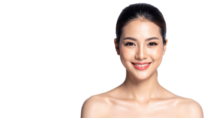 Beautiful woman with flawless skin smiling against black background