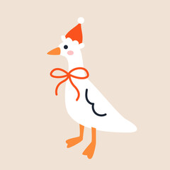 Cute white duck in Santa hat and bow. Hand drawn vector illustration. Funny animal isolated. Naive Christmas childish design.Cool comic character, kids poster, xmas card, social media banner.