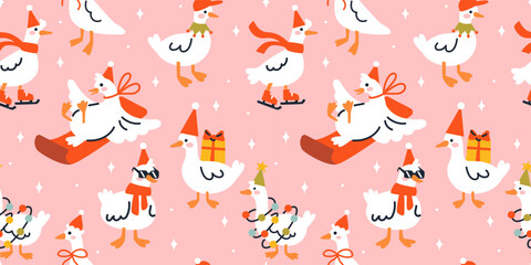 Seamless pattern with Cute white ducks in Santa hats. Hand drawn vector illustration. Naive Christmas childish design.Cool comic character background, kids poster, xmas card, social media banner.