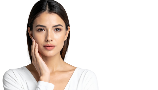 Young Woman with Simple Makeup and Elegant Pose on Black Background