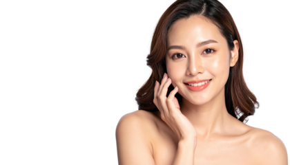 Natural Beauty Concept with Smiling Woman Touching Her Face