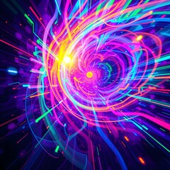A vibrant, swirling vortex of colorful energy radiating outwards from a central point, creating a dynamic visual effect.