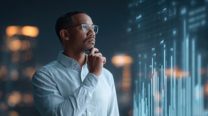Thoughtful businessman analyzing financial data trends on digital screen in urban environment at night with city lights in the background