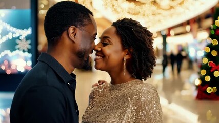 Christmas sales concept. Loving middle aged couple in a big Christmas decorated mall. Happy couple beams as they celebrate the holiday season in a festive shopping mall.
