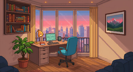 Pixel Art Modern Home Office with City Skyline View at Sunset