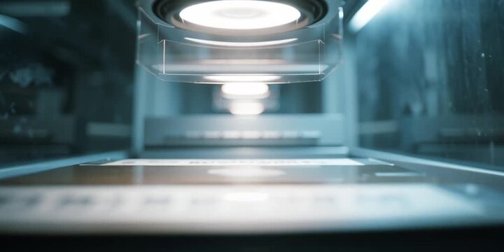 IoT logistics solutions Smart sensor blinking while box moves through scanning tunnel Camera low-angle macro Motion passing box sensor light flicker