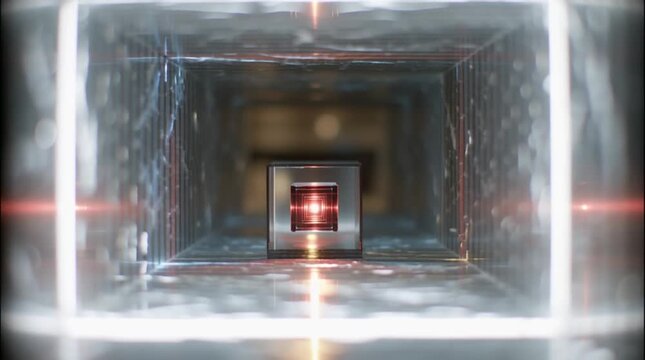 IoT logistics solutions Smart sensor blinking while box moves through scanning tunnel Camera low-angle macro Motion passing box sensor light flicker