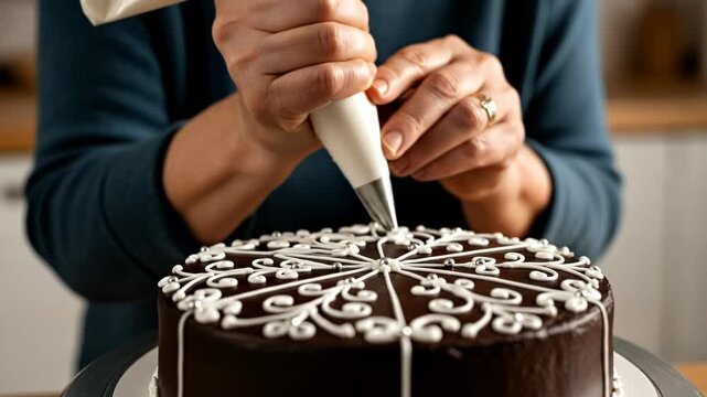 Hands decorating a rich chocolate cake with intricate white icing and edible pearls.
