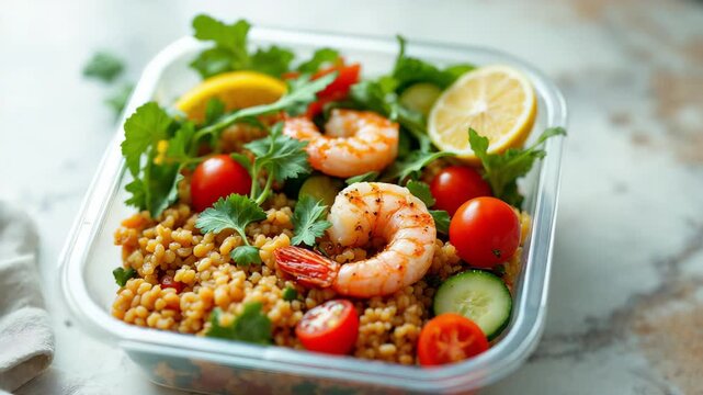 Enjoy a vibrant shrimp and couscous salad with fresh vegetables