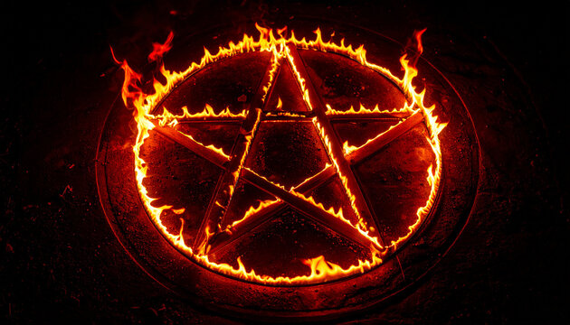 Fiery pentacle symbol burning with bright orange and red flames on dark background, mystical