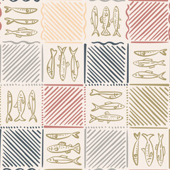 Seamless checkered pattern with Hand drawn ink vector sketch fishes. Element for poster, social media, banners, invitation, textile design. Trendy abstract sardine background.