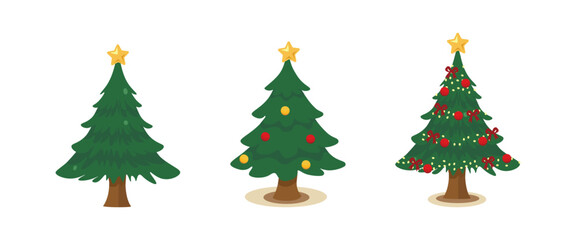 Collection of various Christmas trees, some plain, some decorated with ornaments, lights, snow, and a gold star. Holiday season vector illustration set for design.