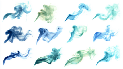 Smoke puffs tiny translucent wisps and swirls soft edges isolated on clean white background