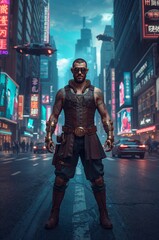 Fototapeta premium Surreal steam punk man with intricate brass goggles, worn leather corset, and copper-plated mechanical limbs standing on the pavement of a futuristic cyber city generative AI