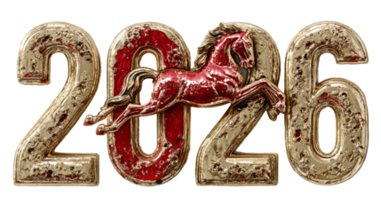 Golden 2026 numbers with red horse emblem