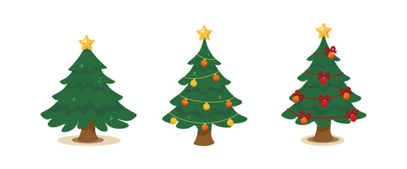 Collection of various Christmas trees, some plain, some decorated with ornaments, lights, snow, and a gold star. Holiday season vector illustration set for design.