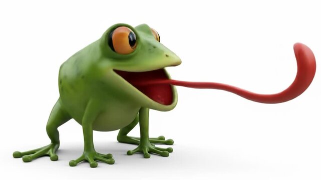 A stylized green frog with wide eyes and a large red tongue extended on a white background. Its mouth is open in a wide smile