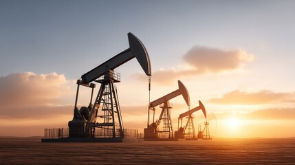 Sunset Over Oil Pumps in Desert Landscape with Silhouettes of Pump Jacks and Dramatic Cloudy Sky Revealing Vital Energy Production Process