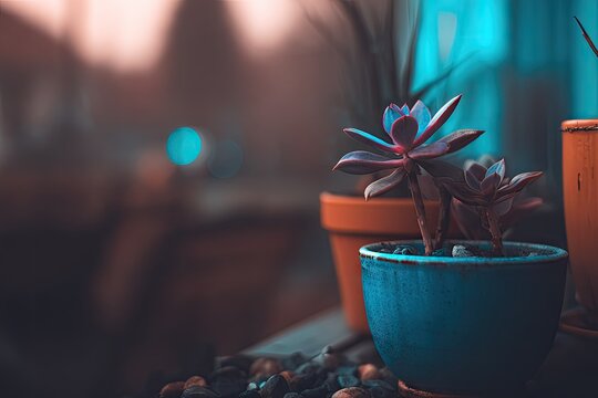 Succulents in pots, blurred background, rustic and dreamy photo