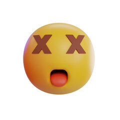 3D Yellow Sphere With X Eyes And Open Mouth Showing Tongue Symbolizing Death Or Exaustion With Transparent Background