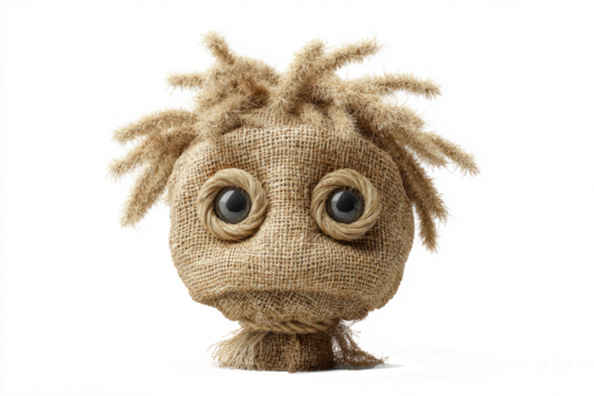 Creepy burlap doll head with stitched smile