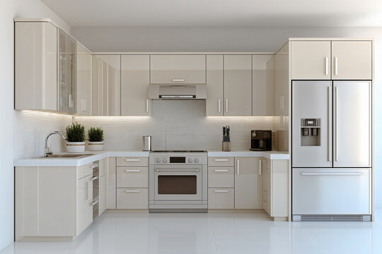 Minimalist kitchen, beige glossy cabinets, stainless steel appliances, white countertops, french door refrigerator, gas range, built in oven.