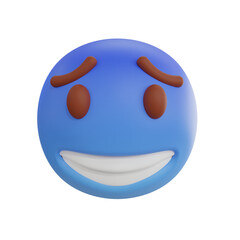 Blue 3D Emoji With Brown Eyebrows and Wide Smile on Transparent Background Conveying Awkwardness or Hesitation in Cold Freezing Conditions
