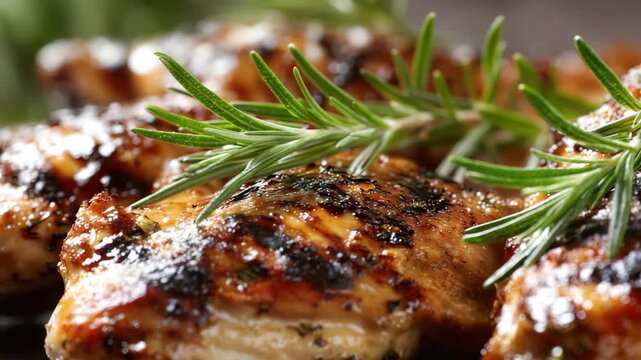 Golden Brown Chicken Thighs with Grill Marks and Rosemary Garnishes on a Black Surface Close Up High Angle View Under Bright Lighting Food Presentation for Menu or Recipe Ad Campaigns