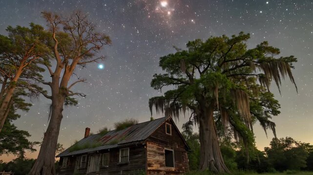 a lone house sits in the middle of a field under a starr filled sky