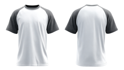 Front and back view of a white t-shirt with gray raglan sleeves