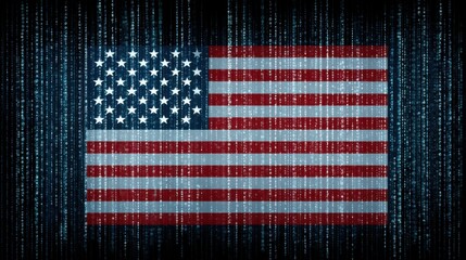 American flag representation with binary code elements in a digital art style showcasing technology and patriotism in a modern design aesthetic